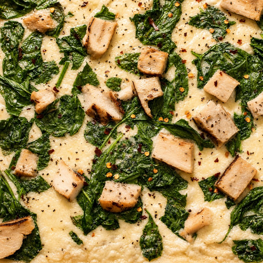 Spinach Alfredo Chicken Pizza.