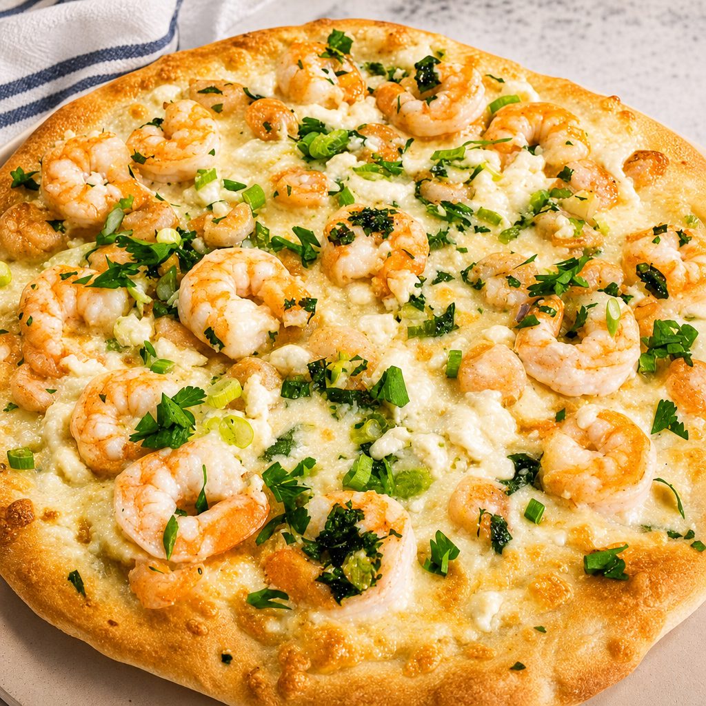 Lemon Garlic Shrimp Pizza.