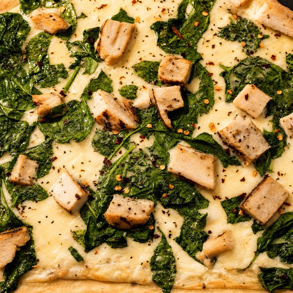Spinach Alfredo Chicken Pizza.