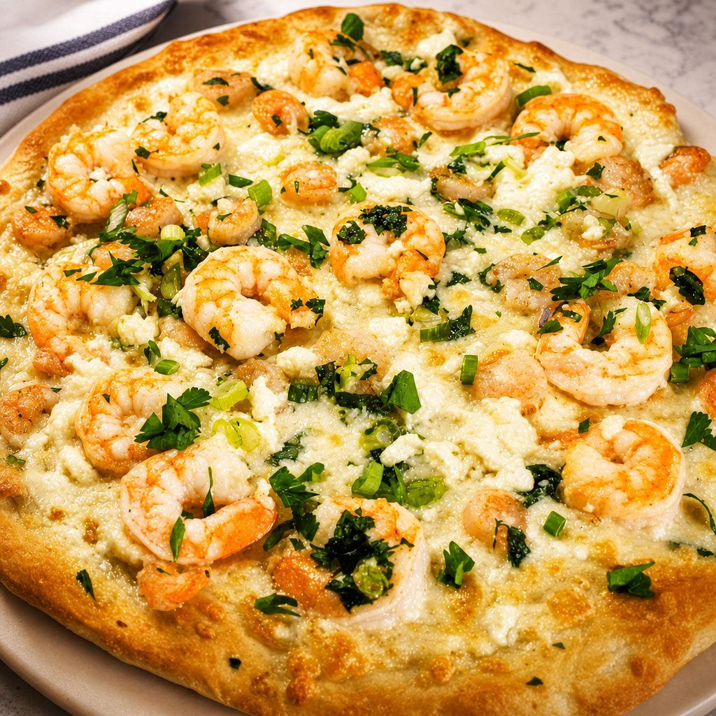 Lemon Garlic Shrimp Pizza.
